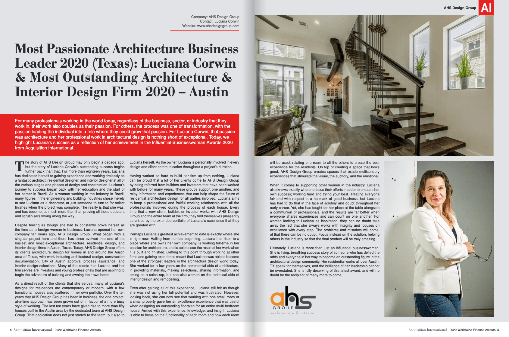 A professional woman standing confidently with arms crossed next to an article featuring her interior design business.