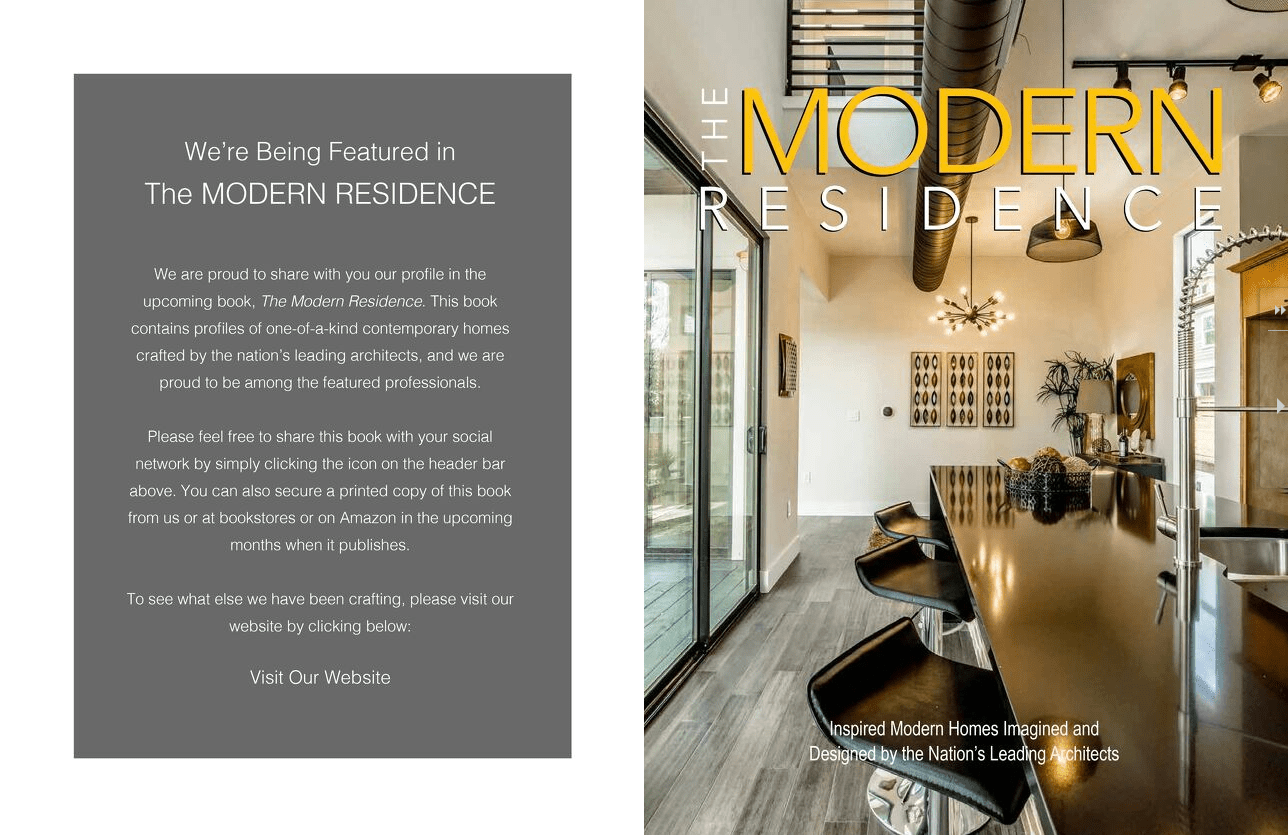 Promotional graphic for a book featuring modern residences, highlighting professional endorsements and an invitation to view more content online.